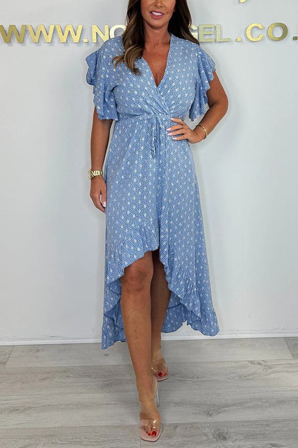 Resort Style V-neck Ruffle Sleeves Waist Tie Irregular Midi Dress