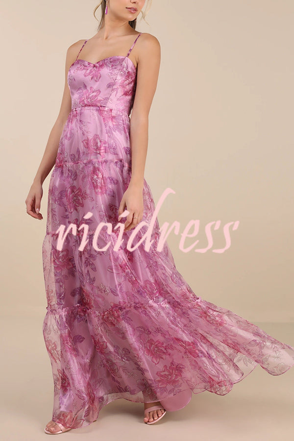 Exclusive Glamour Organza Floral Print Tiered Slip Maxi Dress
