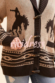Retro Western Knit Unique Pattern Horn Buttons Pocket Lapel Loose Cardigan