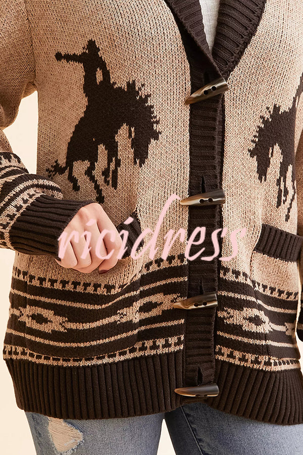 Retro Western Knit Unique Pattern Horn Buttons Pocket Lapel Loose Cardigan