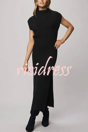 Solid Color Sleeveless Knitted Elegant Waist Midi Dress