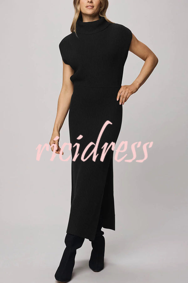 Solid Color Sleeveless Knitted Elegant Waist Midi Dress