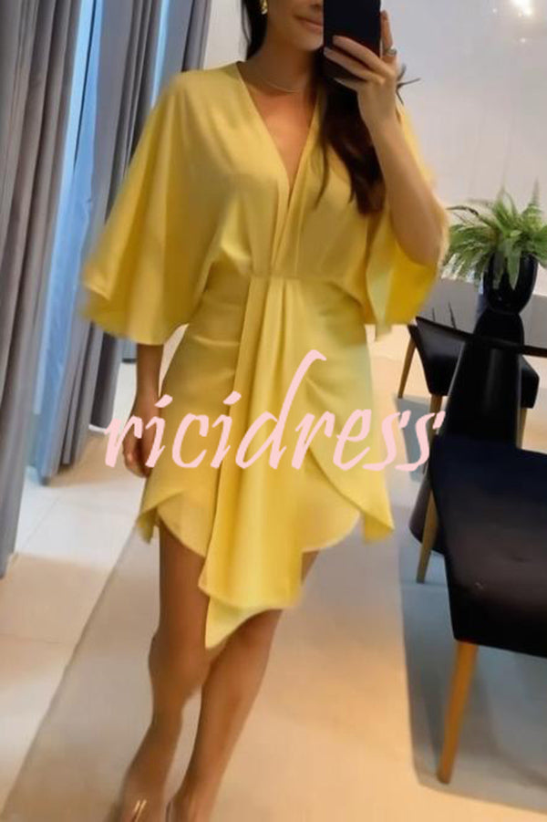 Solid Color V-Neck Half Sleeve Casual Irregular Mini Dress