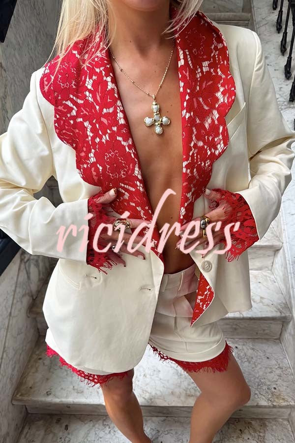 Love Letter Contrast Lace Detail Long Sleeve Wave Lapel Loose Blazer