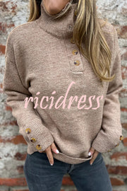 Solid Color High Collar Button Loose Long Sleeve Knitted Sweater