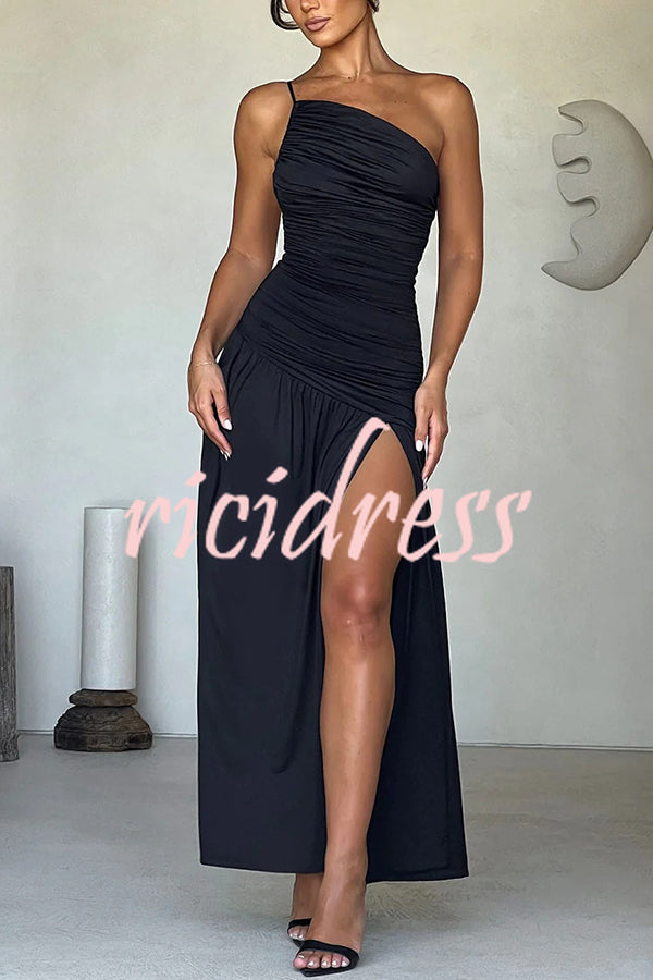 Sexy One-shoulder Strap Gathered Slim Fit Slit Maxi Dress