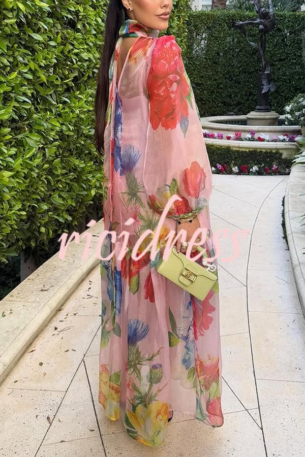 Garden Blooms Organza Floral Print Tie-up Neck Balloon Sleeve Loose Maxi Dress