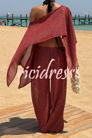 Vacation Knit Shiny Fabric Batwing Sleeve Cape Top and Cover-up Elastic Waist Loose Pants Set