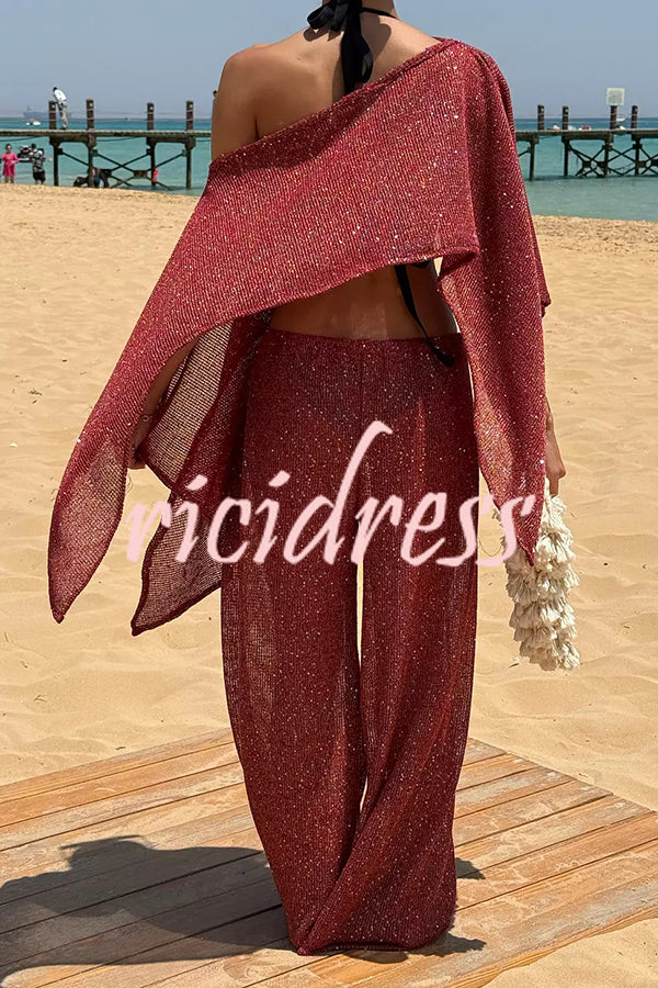 Vacation Knit Shiny Fabric Batwing Sleeve Cape Top and Cover-up Elastic Waist Loose Pants Set