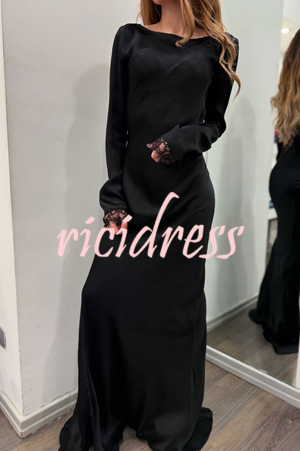 Mystic Moment Satin Lace Trim Long Sleeve Backless Maxi Dress
