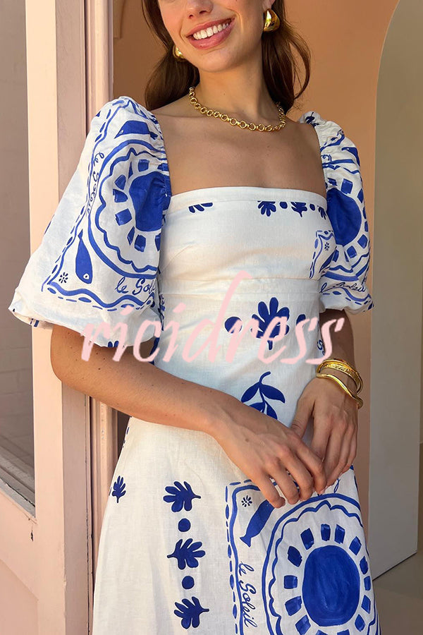 Sherbert Linen Blend Unique Print Square Neck Bubble Sleeve Maxi Dress