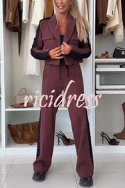 Fashion Lace Panel Long-sleeved Crop Top and Elastic Waist Tie Pocket Casual Pants Set