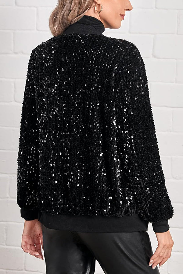 Fashionable Sequined Long-sleeved Zip-up Casual Jacket
