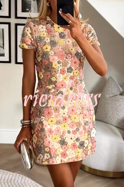 80's Inspired Floral Print Sequin Short Sleeve Stretch Mini Dress