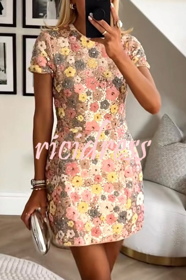 80's Inspired Floral Print Sequin Short Sleeve Stretch Mini Dress