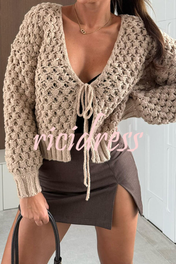Marin Knit Hollow Texture Tie-up Neck Balloon Sleeve Relaxed Cardigan