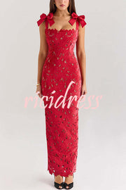 Holiday Intimacy Embroidered Floral Lace Bow Shoulder Straps Slit Maxi Dress