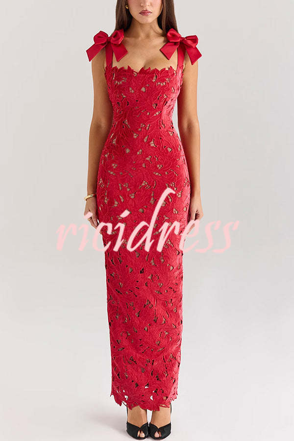 Holiday Intimacy Embroidered Floral Lace Bow Shoulder Straps Slit Maxi Dress