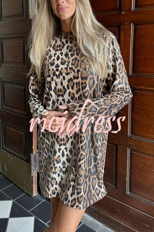 Charming Lady Sequin Leopard Print Long Sleeve H-line Loose Mini Dress