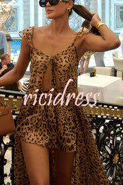 Immerse Vacation Leopard Tie-up Slit Midi Top and Elastic Waist Shorts Set