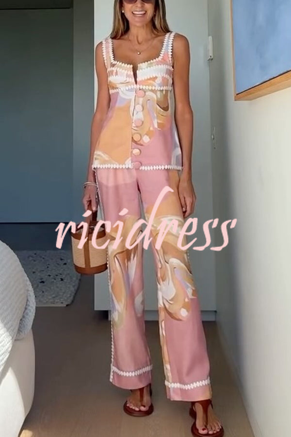 European Summer Linen Blend Ric Rac Trims High Rise Pocket Loose Pants