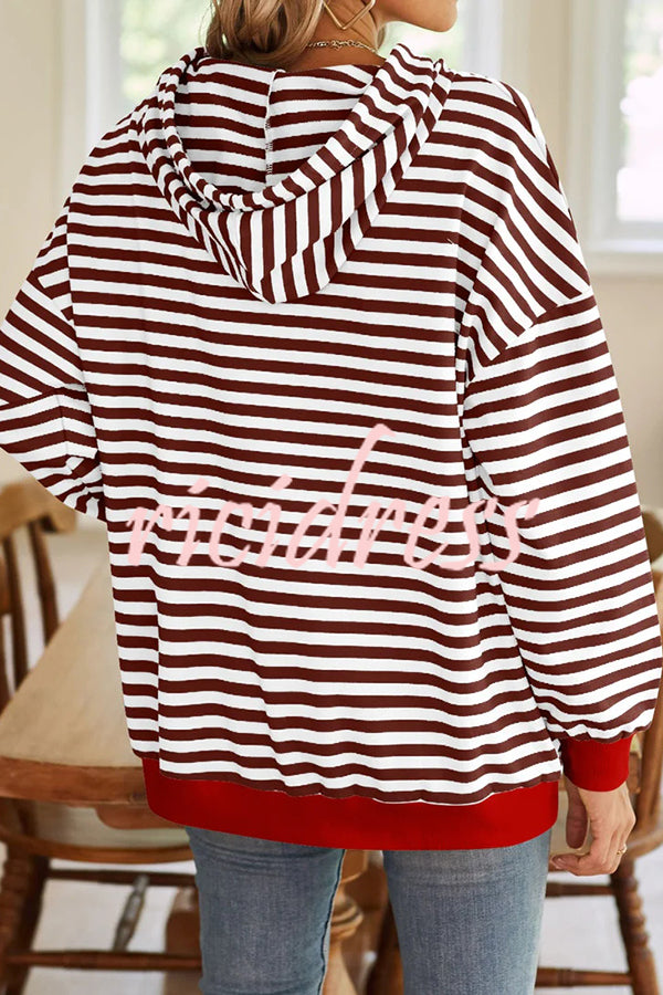 Striped Print Long Sleeve Pocket Loose Hoodie