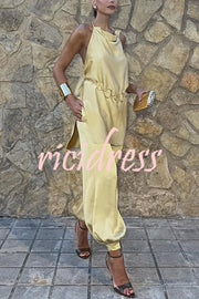 Satin Solid Color Loose Backless Casual Top