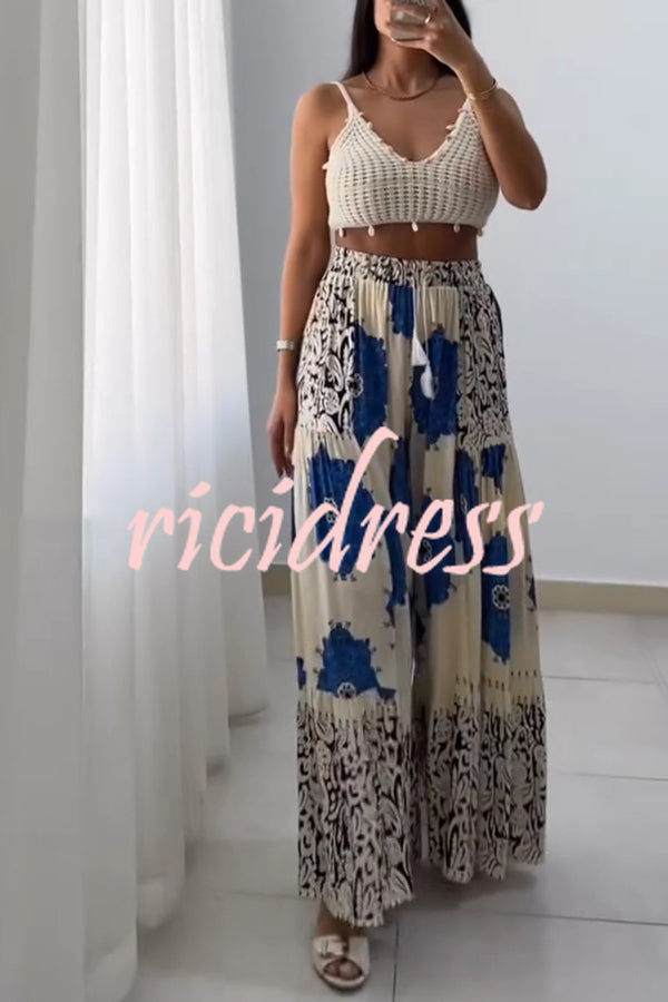 Unique Print Elastic High Waist Tie Pocket Holiday Style Wide Leg Pants