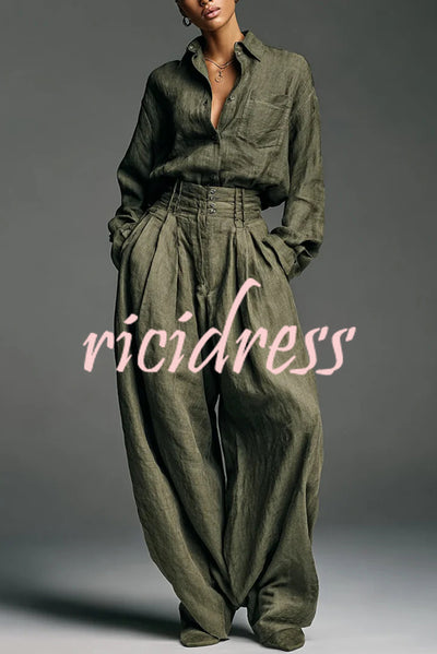 Linen Blend Lapel Long-sleeved Casual Shirt and High-waist Pocket Loose Wide-leg Pants Set