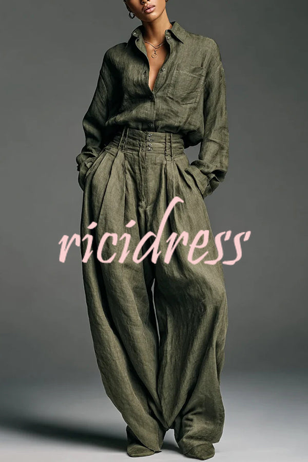 Linen Blend Lapel Long-sleeved Casual Shirt and High-waist Pocket Loose Wide-leg Pants Set