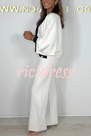 Fashion Contrast Color V-neck Loose Cardigan and Elastic Waist Casual Pants Set