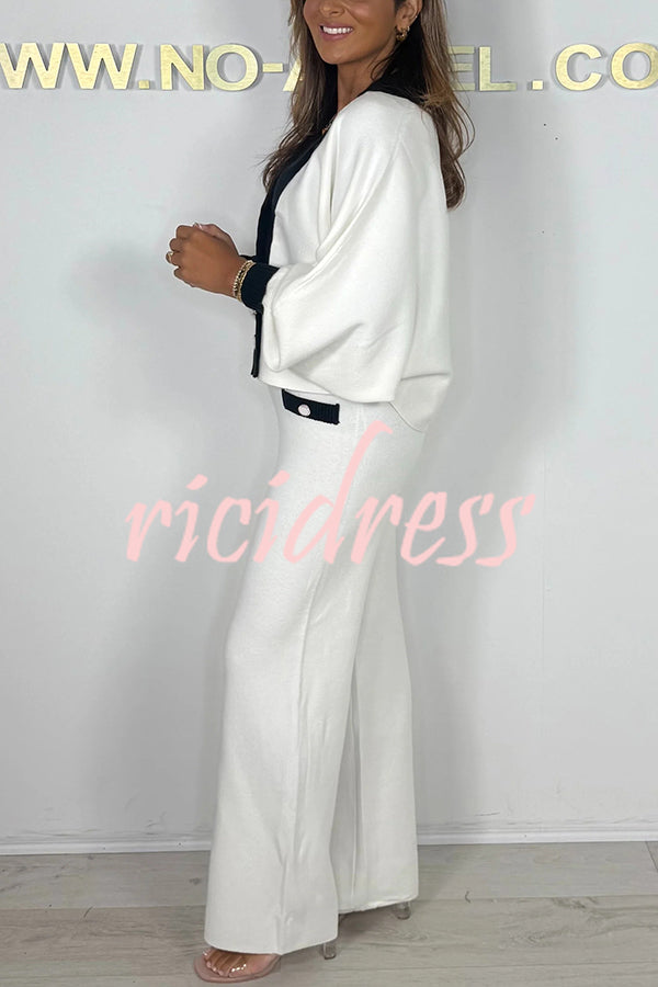 Fashion Contrast Color V-neck Loose Cardigan and Elastic Waist Casual Pants Set