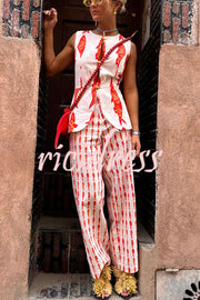 Good Luck Linen Blend Koi Pattern High Rise Elastic Waist Loose Pants