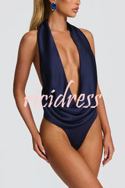 Lara Satin Halter Cowl Neck Bodysuit and Mid-rise Embellished Waistband Layered Hem Skort Set