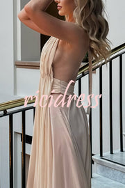 Ethereal Moment Tulle Cutout Ruched Waist Backless Halter Maxi Dress