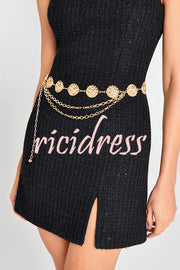 Timeless Exquisite Tweed Fabric Metal Coin Chain Detail Slip Mini Dress