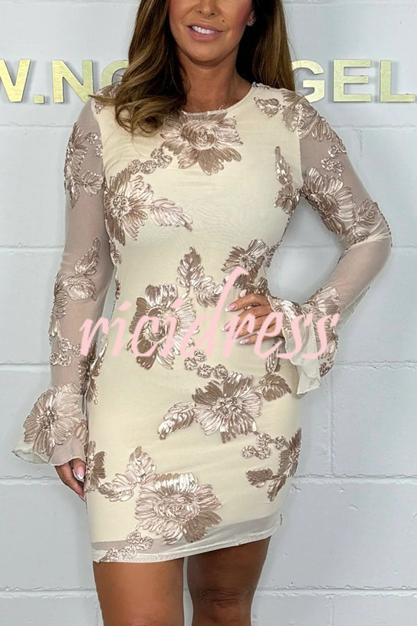 Embroidered Floral Crewneck Long Sleeve Fitted Mini Dress