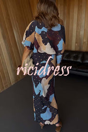 Mara Pleated Fabric Metallic Speckled Color Block Print One Shoulder Maxi Dress