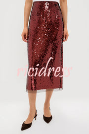 Upper East Chic Sequin Mesh Trim High Rise Slit Pencil Midi Skirt
