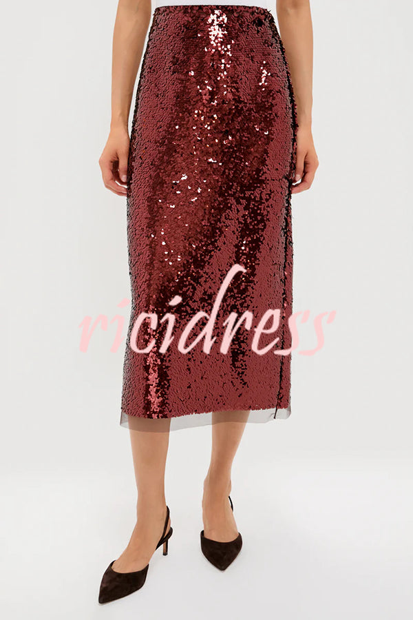 Upper East Chic Sequin Mesh Trim High Rise Slit Pencil Midi Skirt