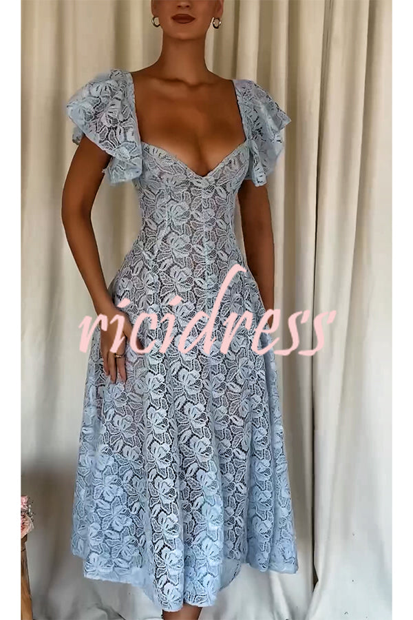 Romantic Atmosphere Bluebell Lace Butterfly Sleeve Sweetheart Neck Stretch Midi Dress