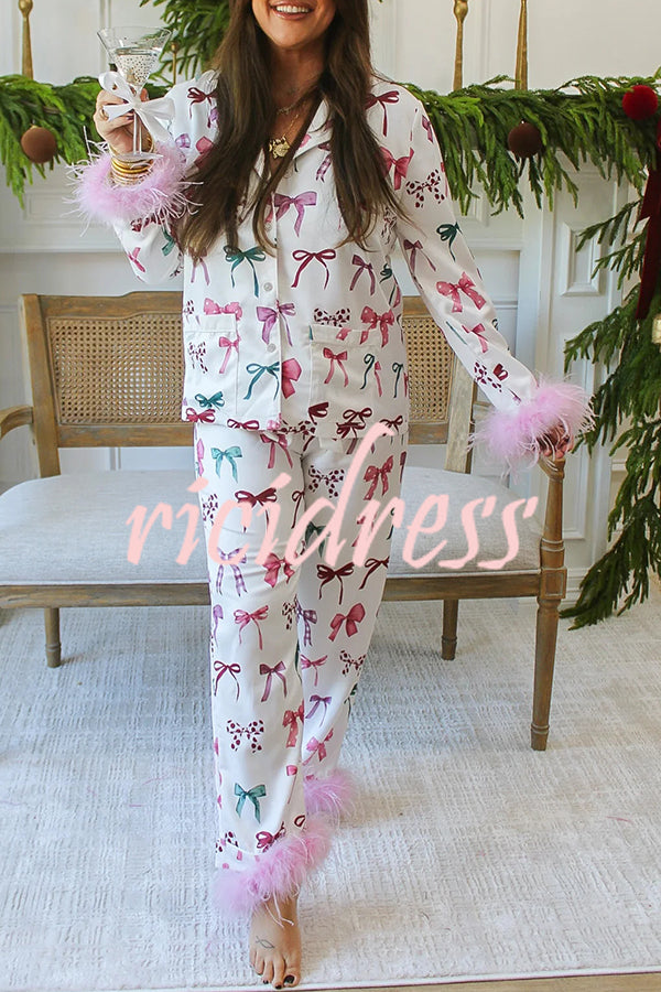 Christmas Besties Party Printed Feather Trim Elastic Waist Pocketed Pajama Set