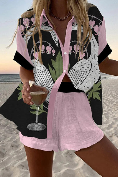 Pink Swan Print Loose Buttoned Elastic Waist Shorts Set