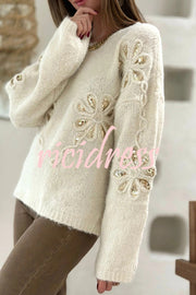Fashionable Sequined Floral Loose Long-sleeved Knit Sweater