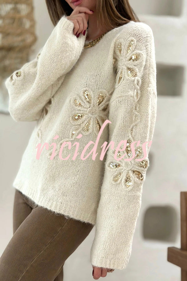 Fashionable Sequined Floral Loose Long-sleeved Knit Sweater