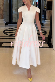 Solid Color V-neck Waist Elegant Full Hem Maxi Dress