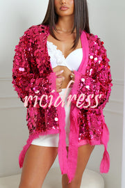 Fashion Sequined Long-sleeved V-neck Loose Lace-up Cardigan