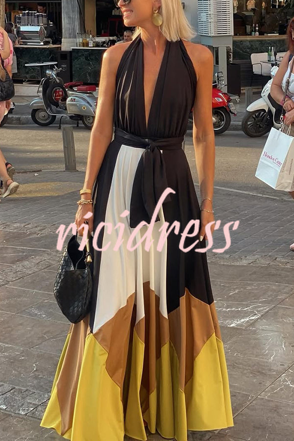Fashion Colorblock Sexy Backless Tie Waist Full Hem Maxi Dress