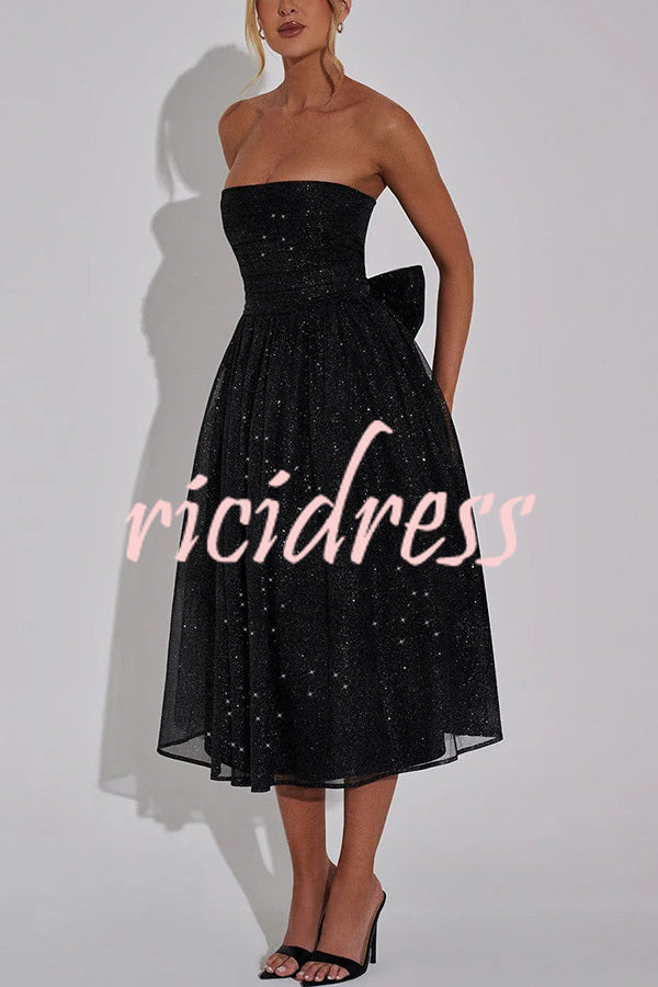 Marissa Glitter Mesh Fabric Off Shoulder Back Bow Detail Midi Dress