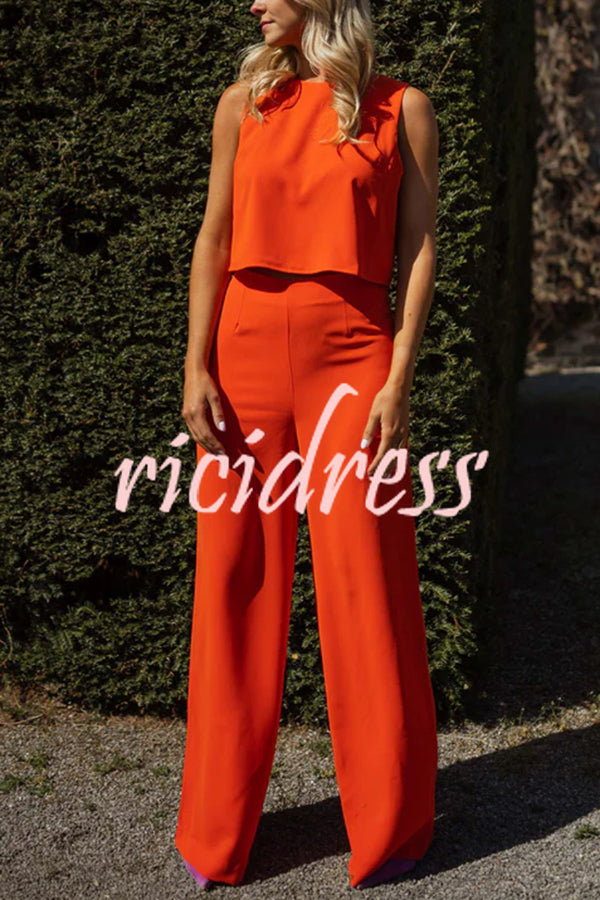 Modern and Elegant Solid Crop Tank and High Rise Flare Loose Pants Set